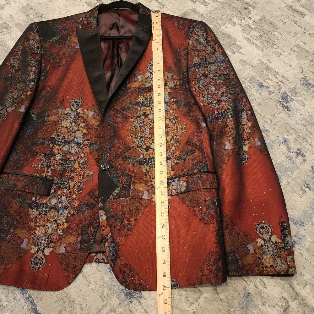 Rust Red Patterned Men's Blazer with Black Satin Lapel